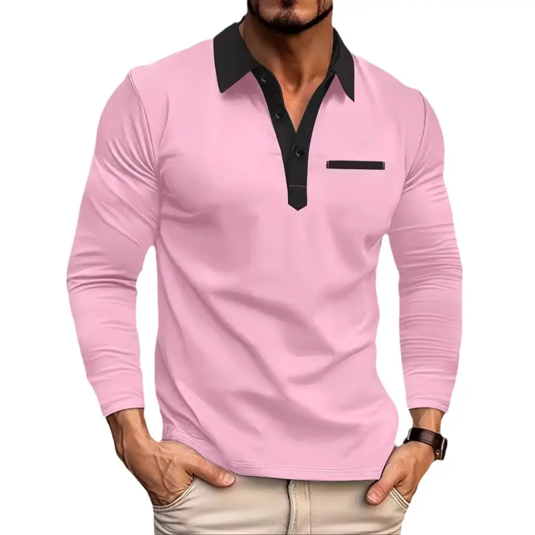 Men's White Long Sleeve Polo Shirt with Beige Trim - Image 11