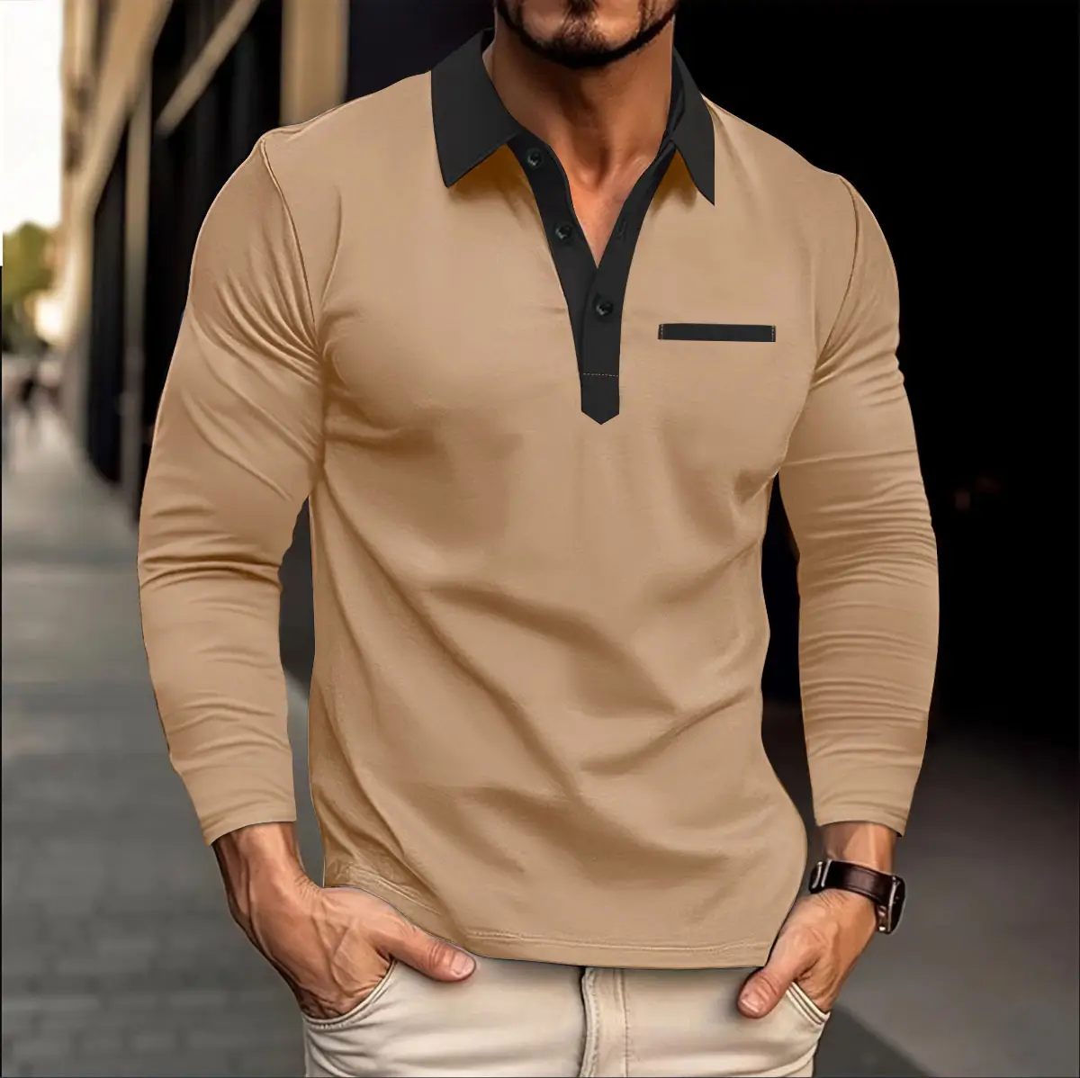 Men's White Long Sleeve Polo Shirt with Beige Trim — feature 2