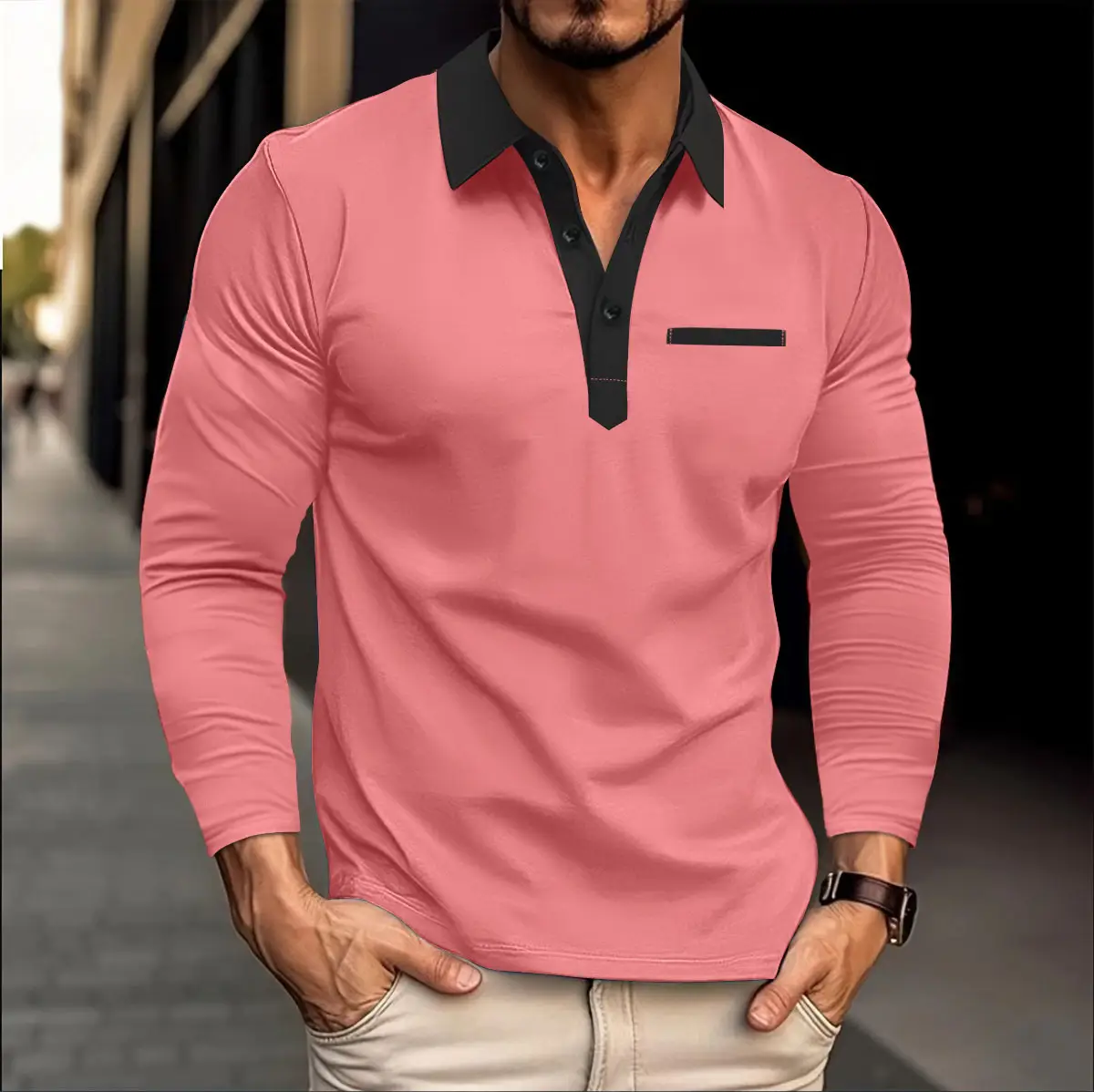 Men's White Long Sleeve Polo Shirt with Beige Trim — feature 4