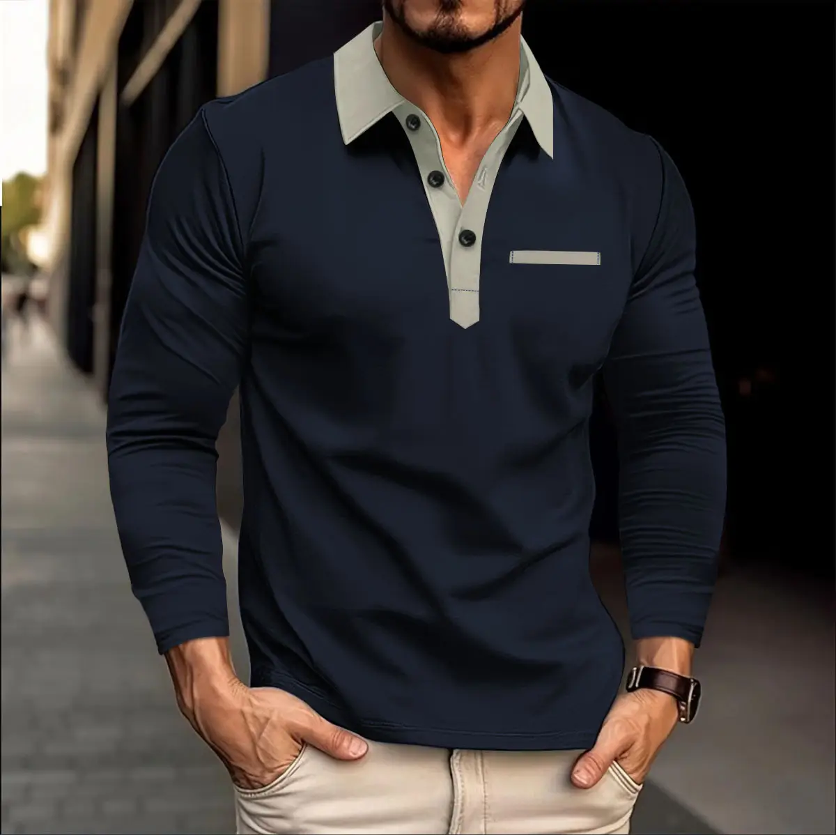 Men's White Long Sleeve Polo Shirt with Beige Trim — feature 6