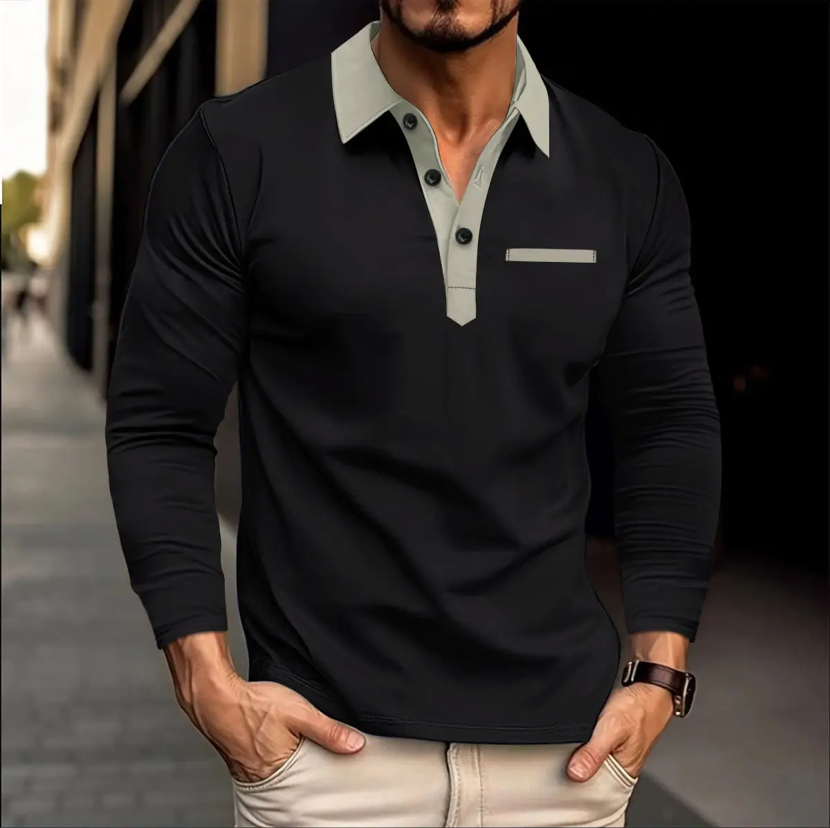 Men's White Long Sleeve Polo Shirt with Beige Trim - Image 2