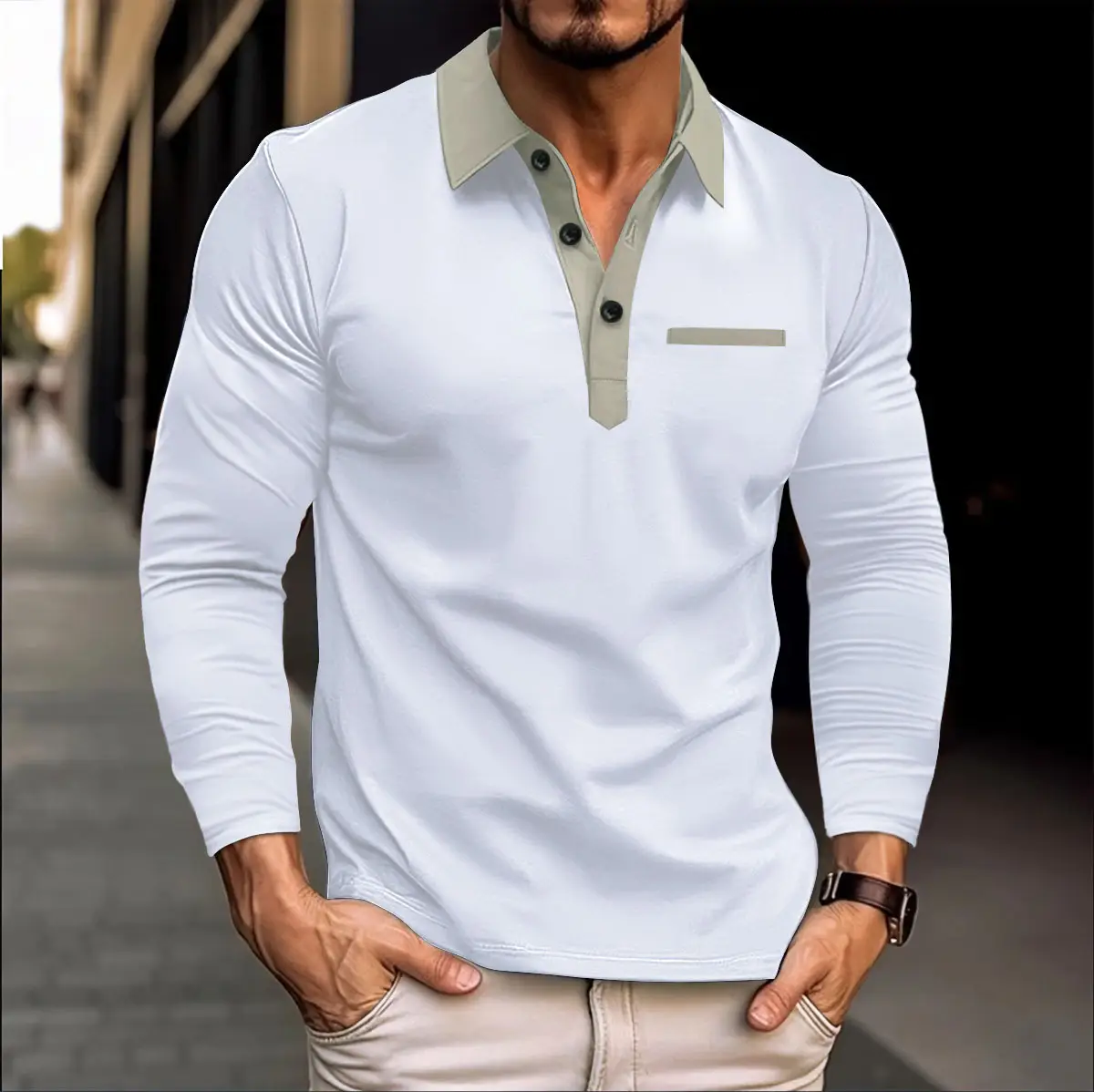 Men's White Long Sleeve Polo Shirt with Beige Trim - Image 3