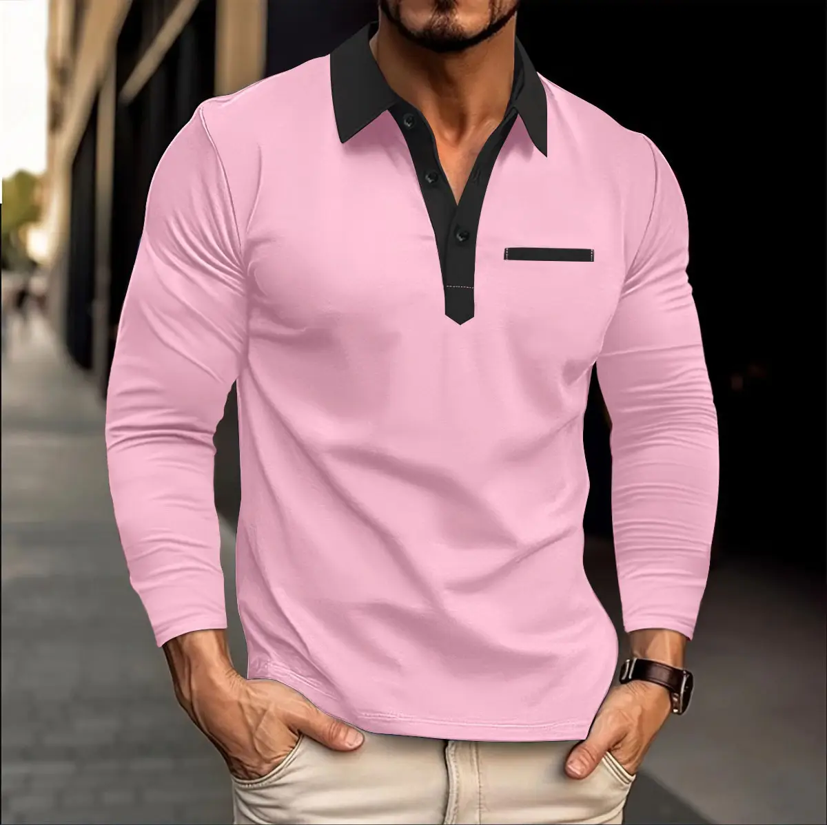 Men's White Long Sleeve Polo Shirt with Beige Trim - Image 5