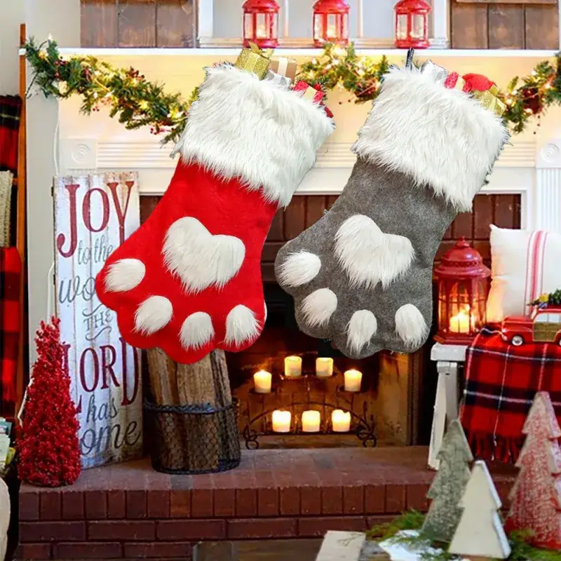 Christmas Paw Socks Red Gray Long Hair Dog Socks - Image 4