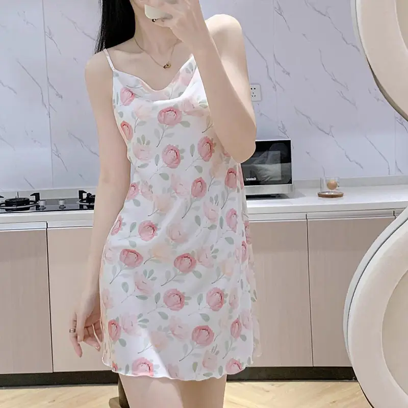 Sexy Suspender Nightgown for Women Summer Ice Silk Pure Desire Nightgown Dress Summer 2025 New Girl French Home Clothes