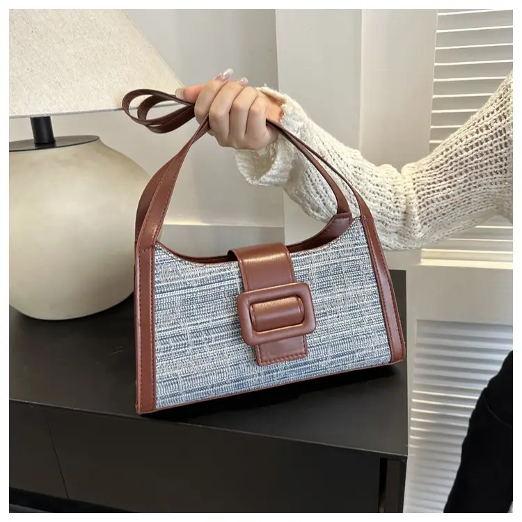 Vintage Denim Textured Shoulder Bag Brown - Image 3
