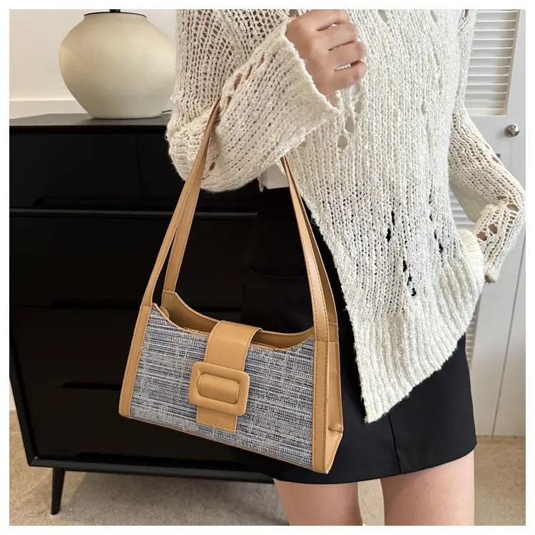 Vintage Denim Textured Shoulder Bag Brown - Image 5