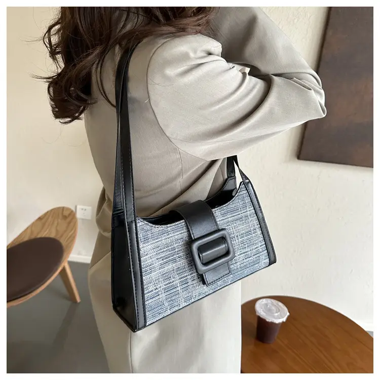 Vintage Denim Textured Shoulder Bag Brown — feature 12
