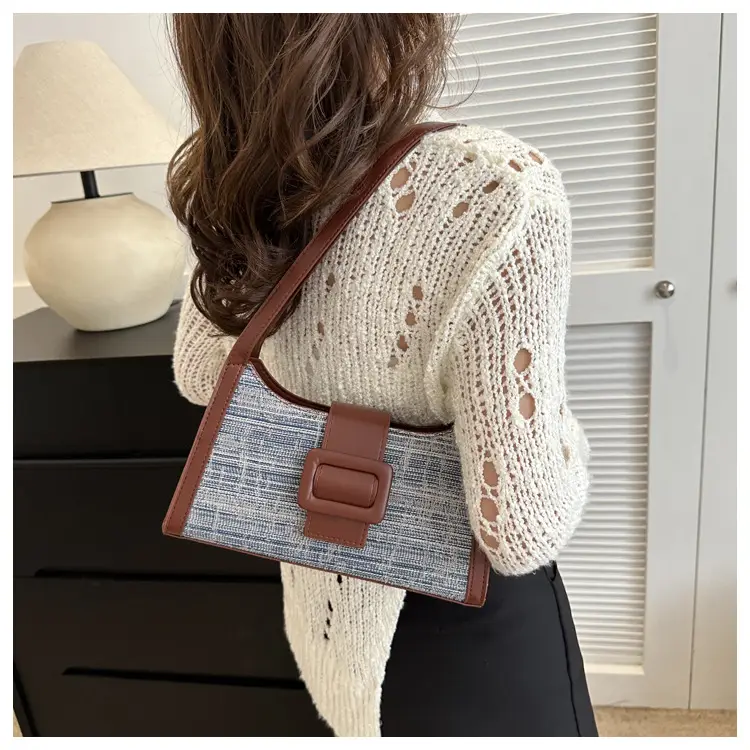 Vintage Denim Textured Shoulder Bag Brown — feature 13