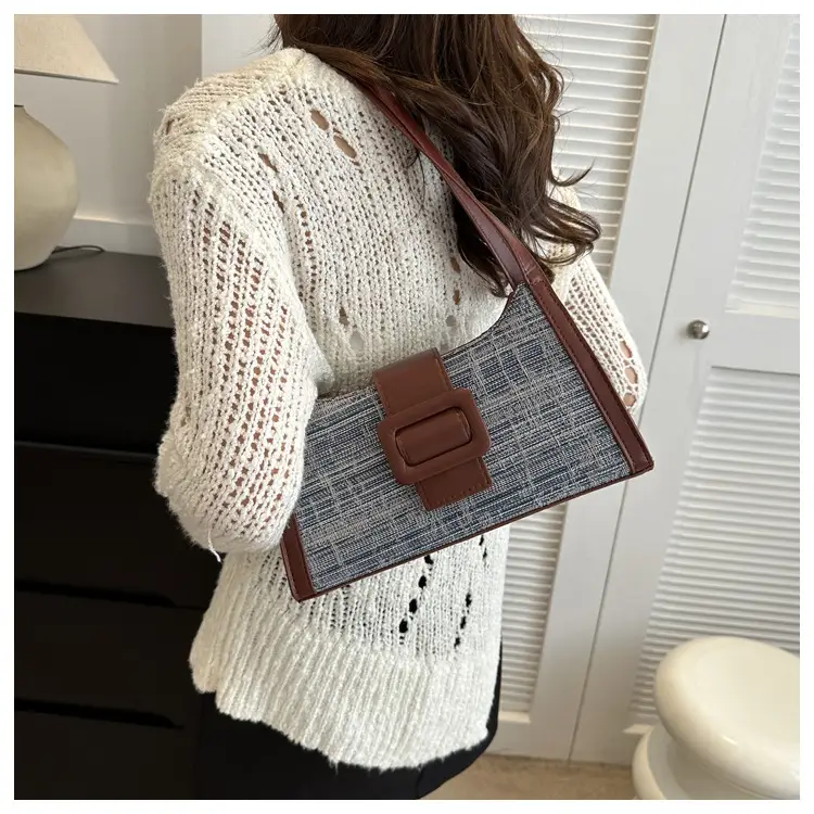 Vintage Denim Textured Shoulder Bag Brown — feature 14
