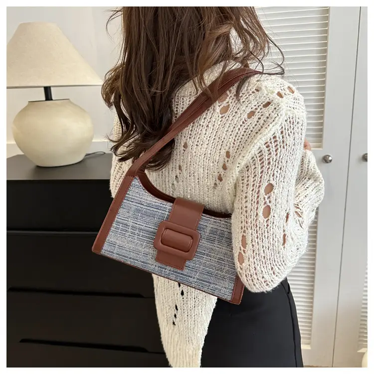 Vintage Denim Textured Shoulder Bag Brown — feature 15