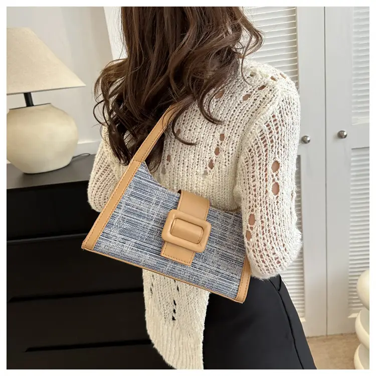 Vintage Denim Textured Shoulder Bag Brown — feature 17