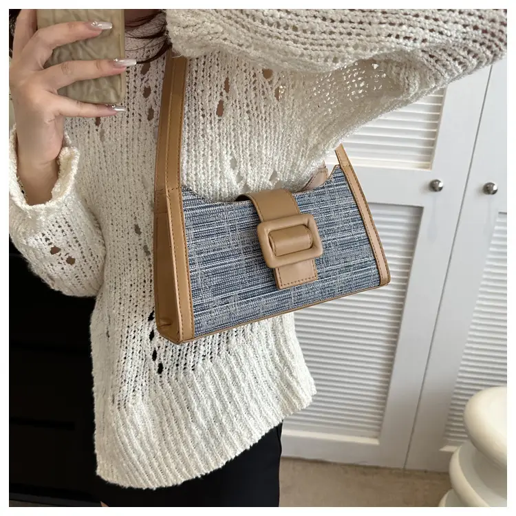 Vintage Denim Textured Shoulder Bag Brown — feature 18