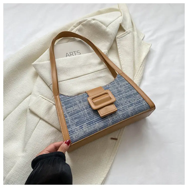 Vintage Denim Textured Shoulder Bag Brown — feature 23