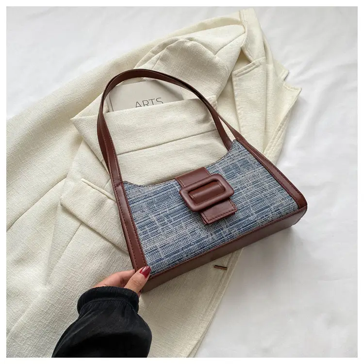 Vintage Denim Textured Shoulder Bag Brown — feature 25