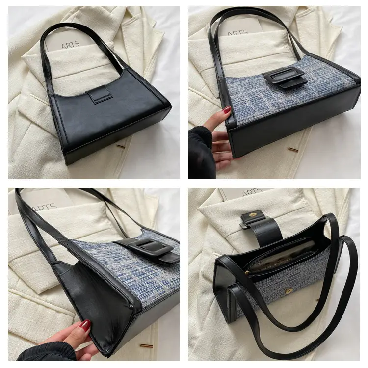 Vintage Denim Textured Shoulder Bag Brown — feature 9