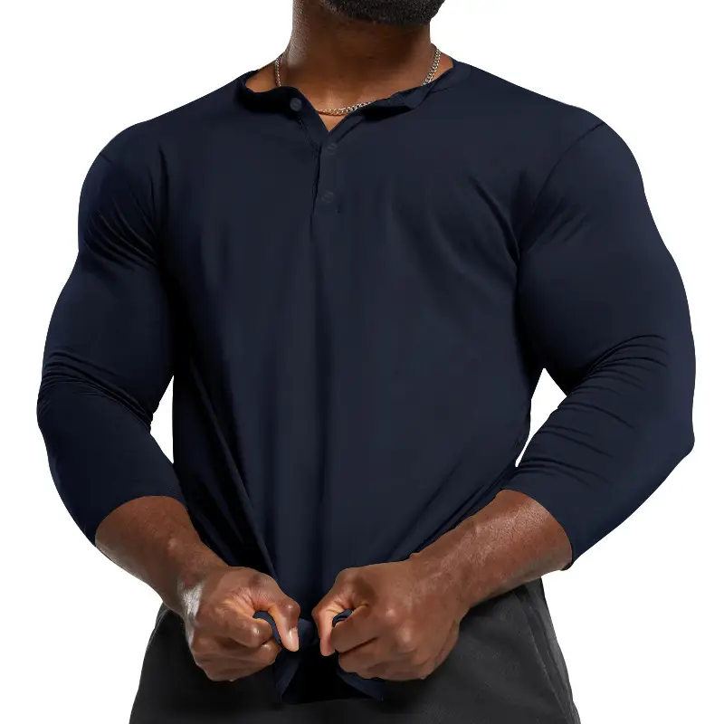Men's Olive Henry Style Long Sleeve Top T-Shirt - Image 9