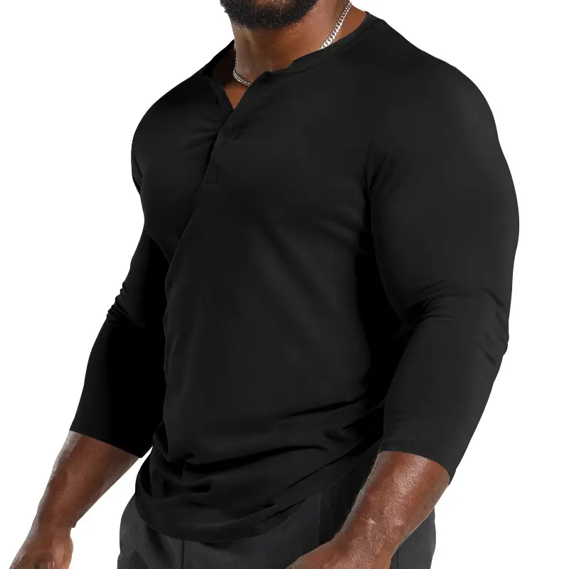 Men's Olive Henry Style Long Sleeve Top T-Shirt - Image 10