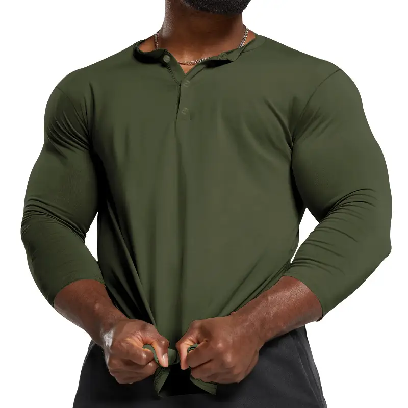Men's Olive Henry Style Long Sleeve Top T-Shirt - Image 11