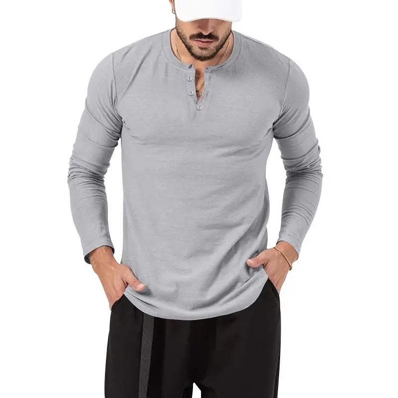 Men's Olive Henry Style Long Sleeve Top T-Shirt — feature 16