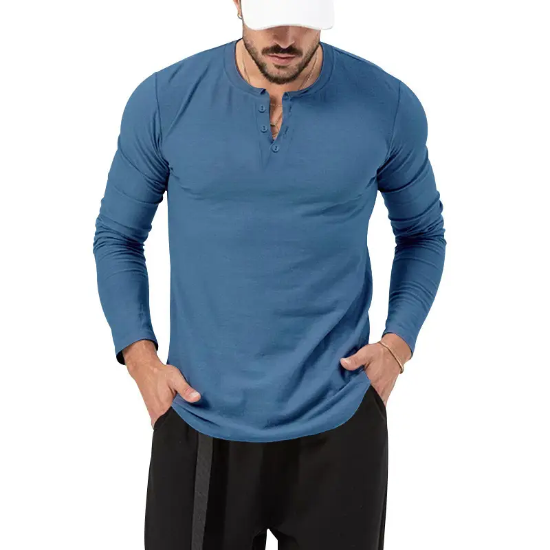 Men's Olive Henry Style Long Sleeve Top T-Shirt — feature 20