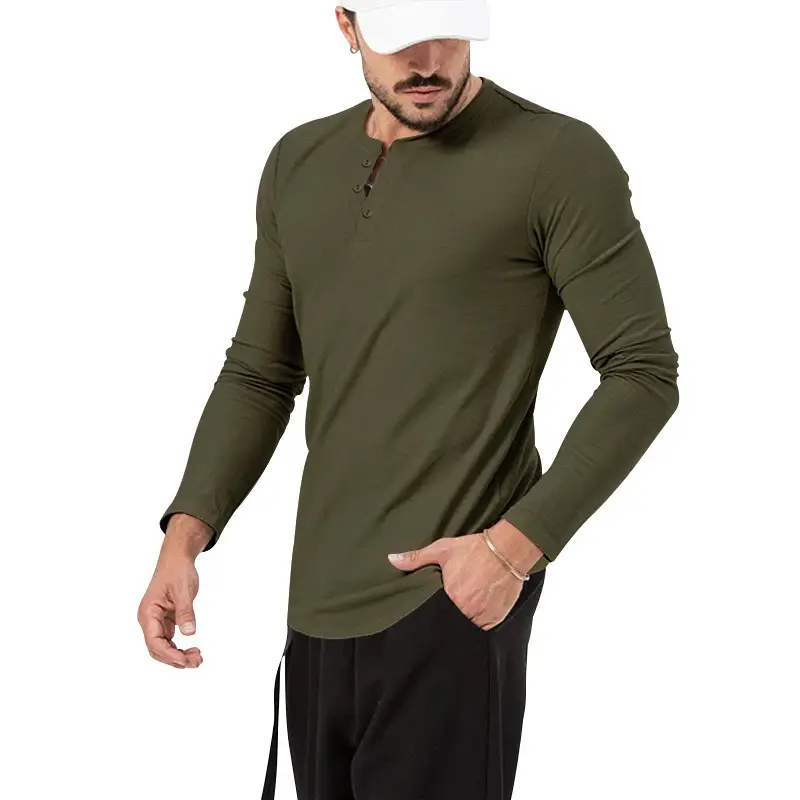 Men's Olive Henry Style Long Sleeve Top T-Shirt — feature 23