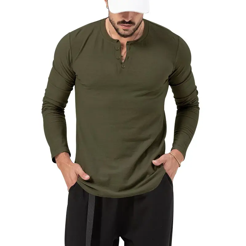 Men's Olive Henry Style Long Sleeve Top T-Shirt — feature 24