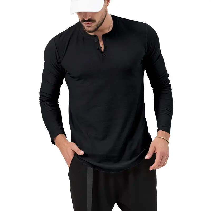Men's Olive Henry Style Long Sleeve Top T-Shirt — feature 27