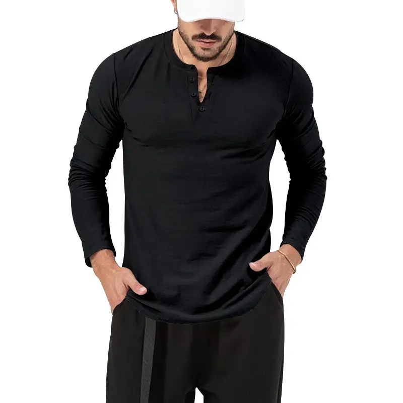 Men's Olive Henry Style Long Sleeve Top T-Shirt — feature 28
