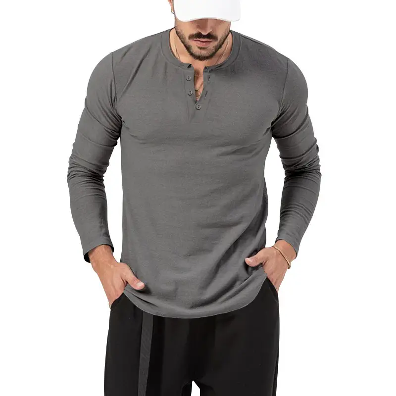 Men's Olive Henry Style Long Sleeve Top T-Shirt — feature 6
