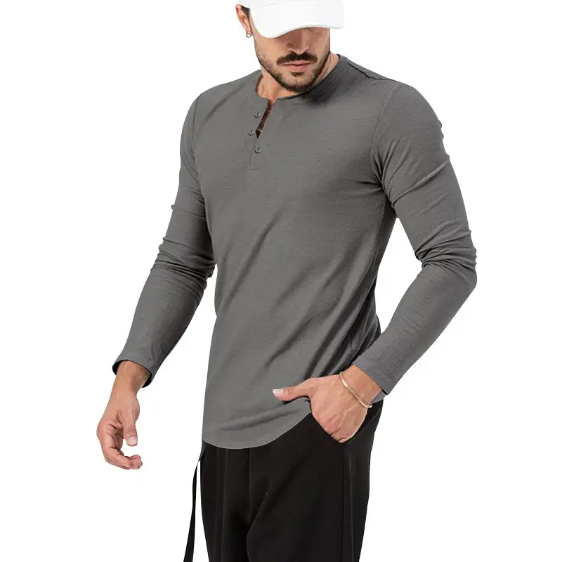 Men's Olive Henry Style Long Sleeve Top T-Shirt — feature 7