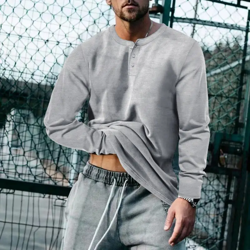 Men's Olive Henry Style Long Sleeve Top T-Shirt - Image 3