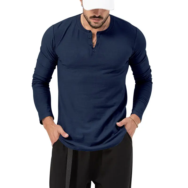Men's Olive Henry Style Long Sleeve Top T-Shirt - Image 6