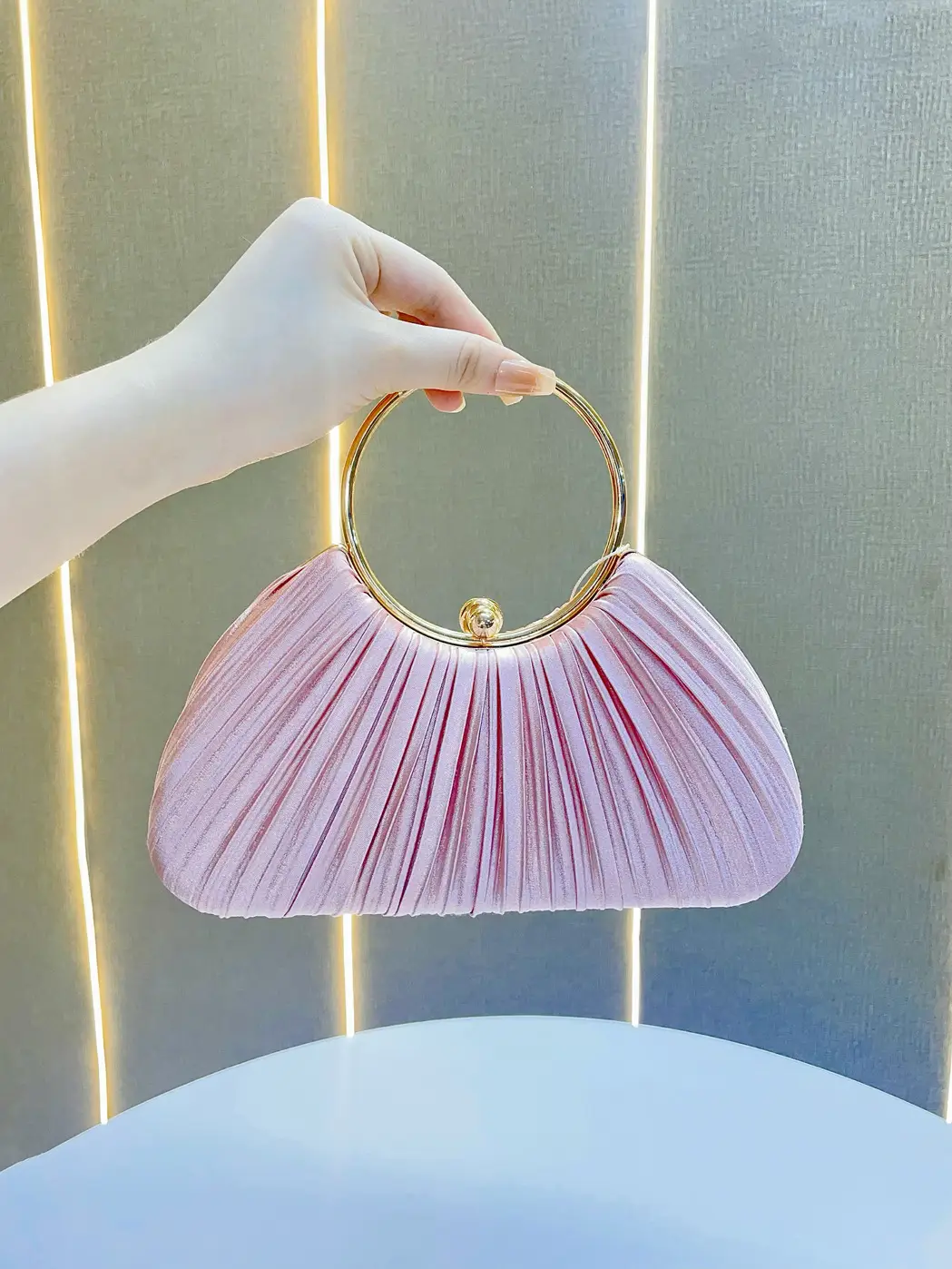 Pink Pleated Evening Handbag with Gold Ring