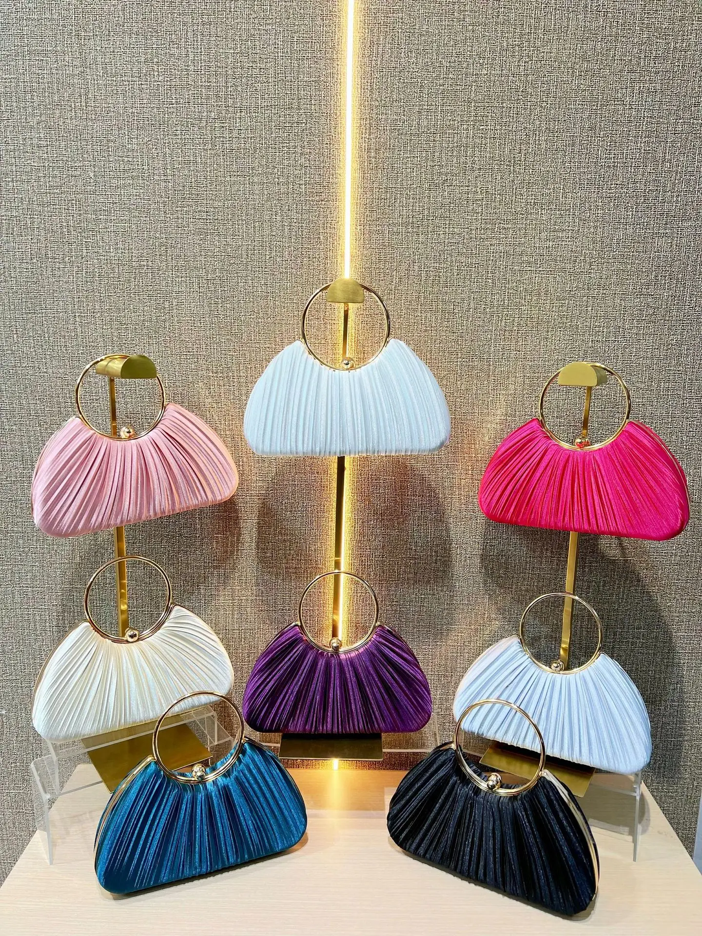 Pink Pleated Evening Handbag with Gold Ring