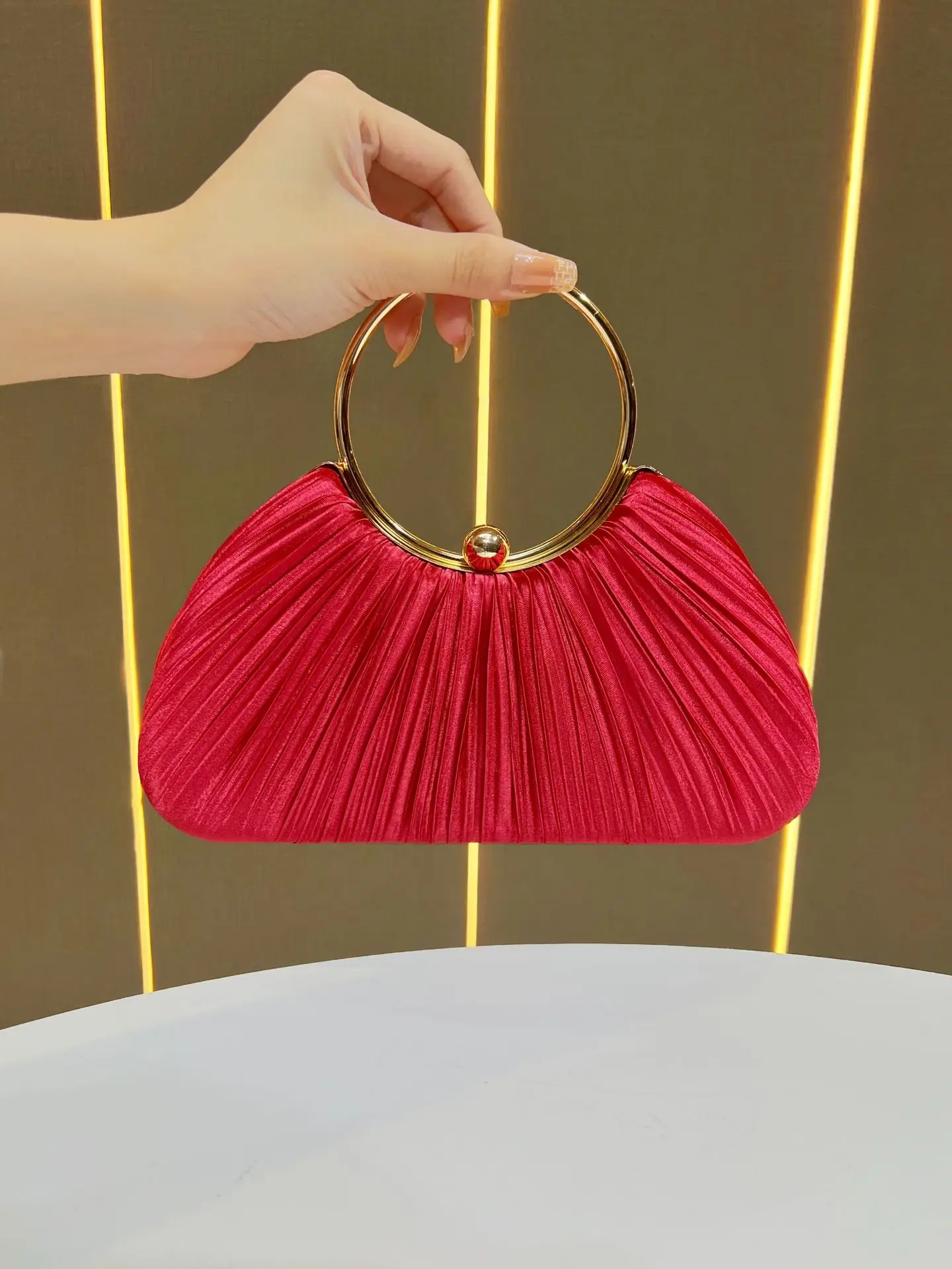 Pink Pleated Evening Handbag with Gold Ring — feature 10