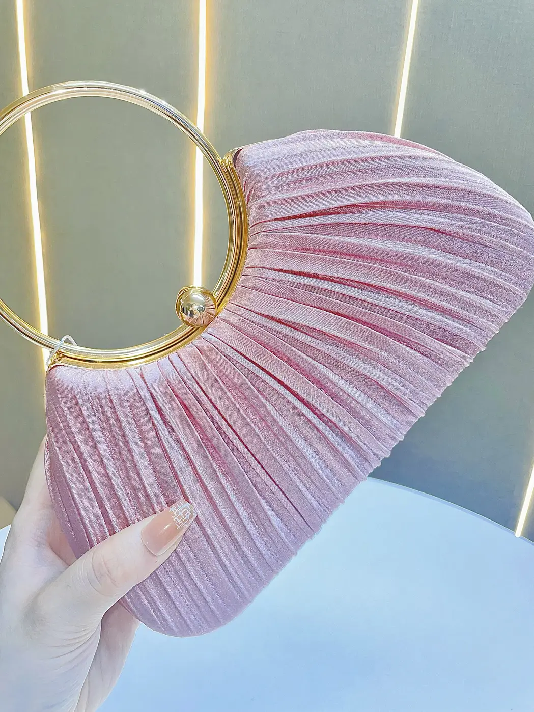 Pink Pleated Evening Handbag with Gold Ring — feature 13