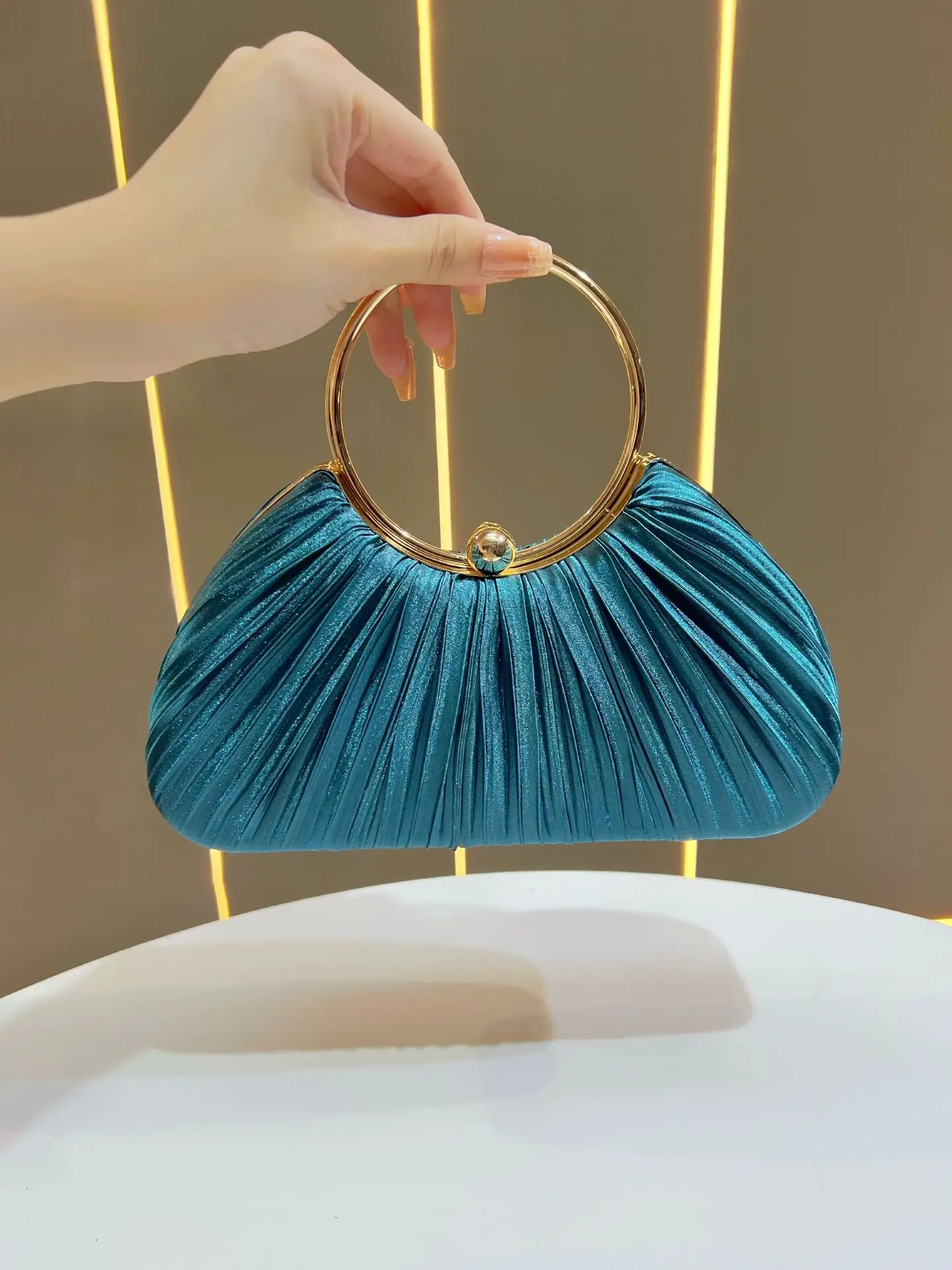 Pink Pleated Evening Handbag with Gold Ring — feature 7