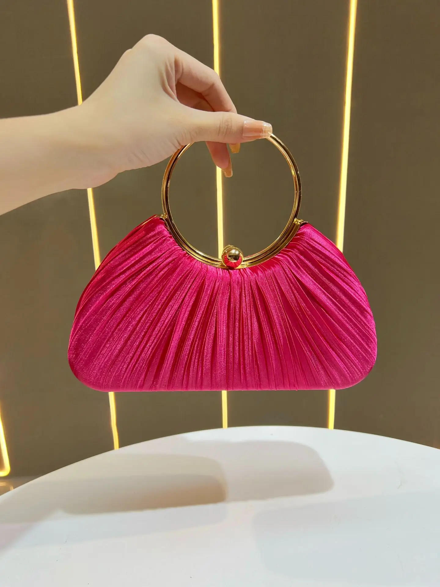 Pink Pleated Evening Handbag with Gold Ring — feature 8