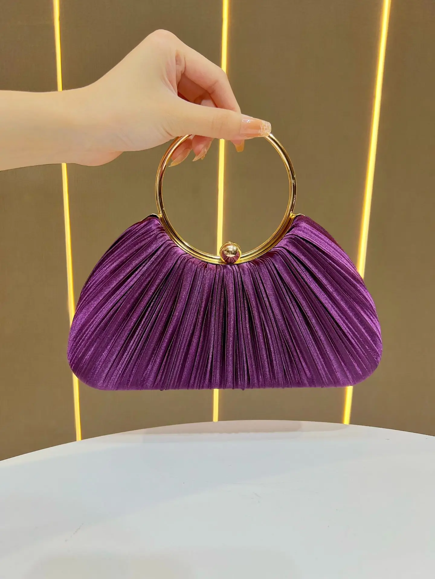 Pink Pleated Evening Handbag with Gold Ring — feature 9
