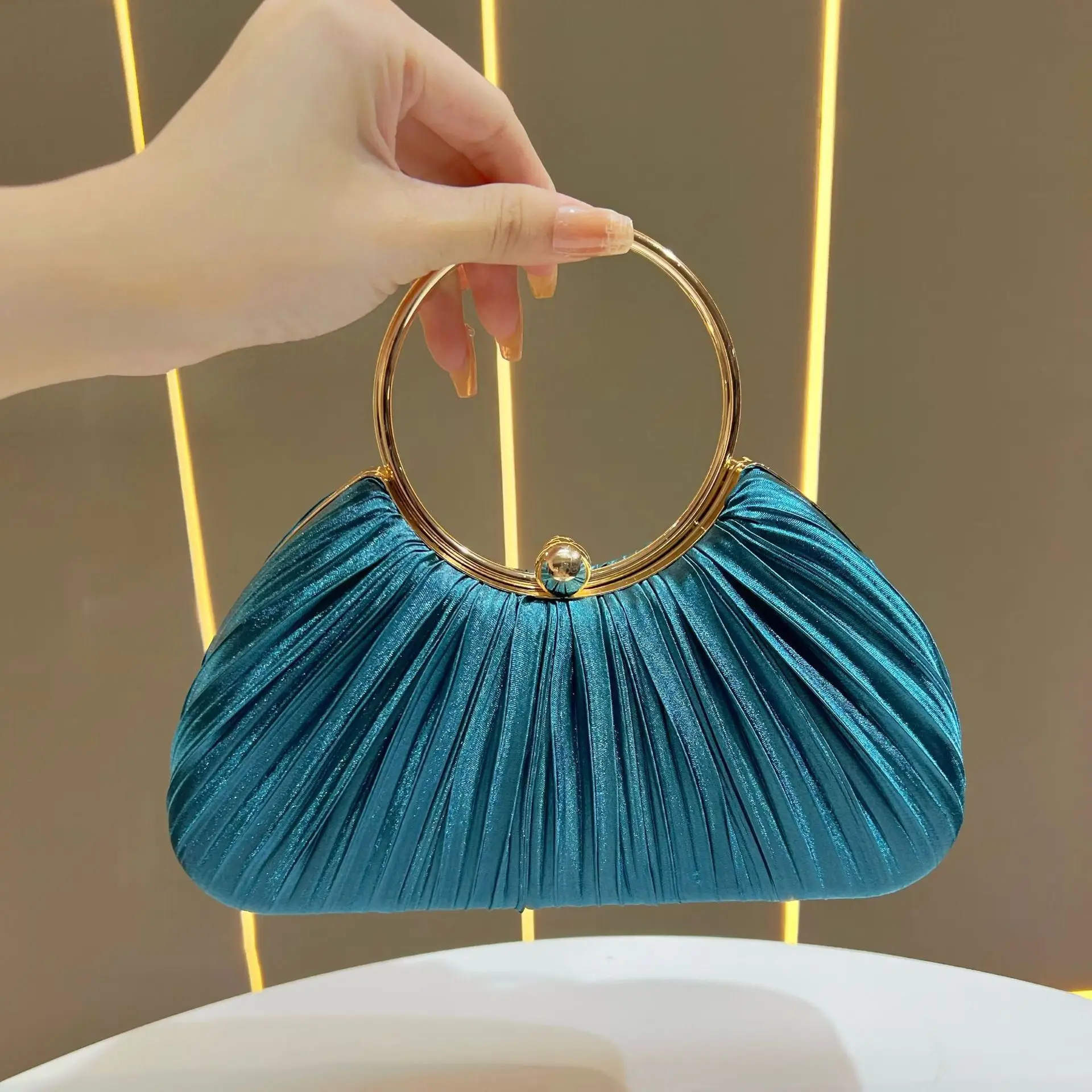 Pink Pleated Evening Handbag with Gold Ring