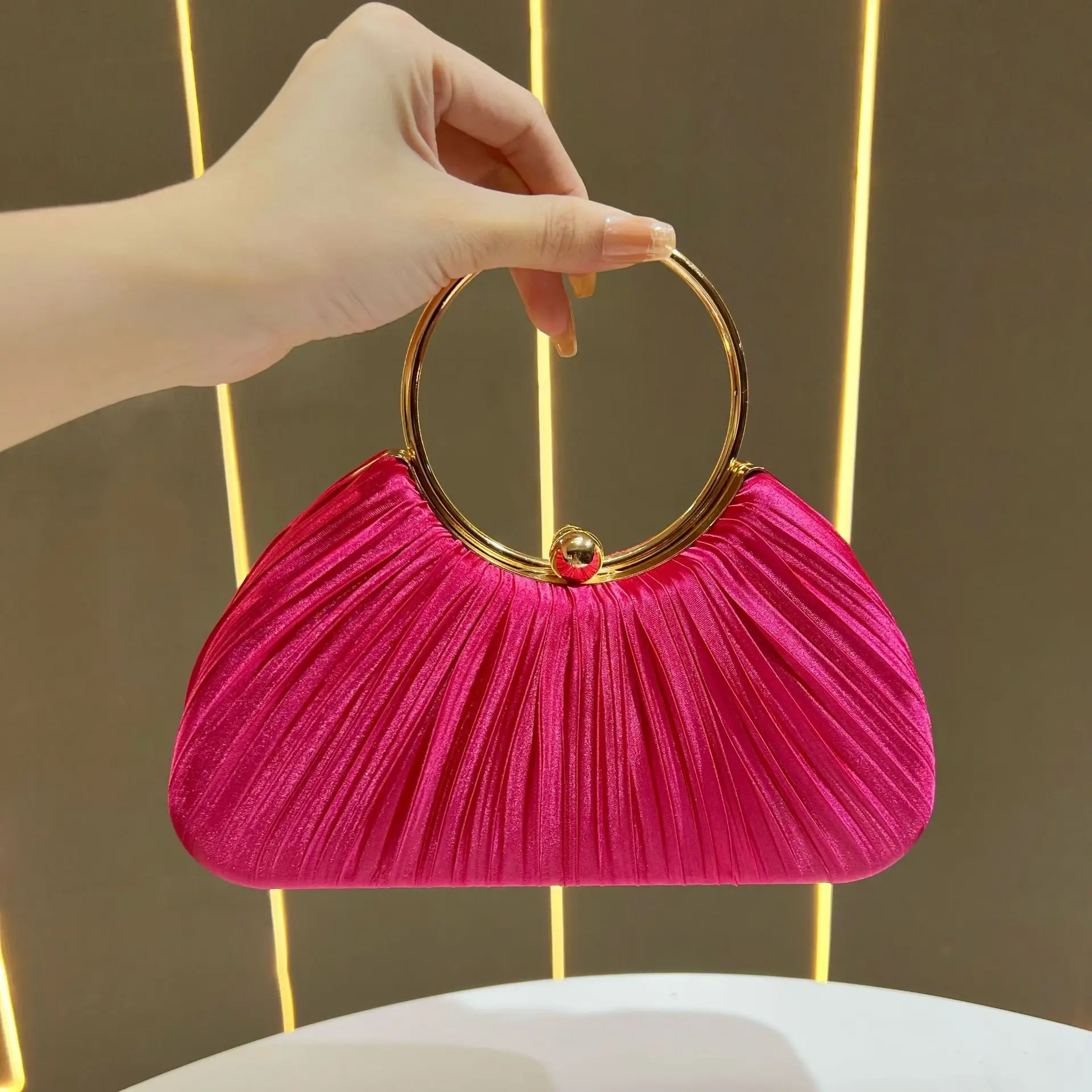 Pink Pleated Evening Handbag with Gold Ring