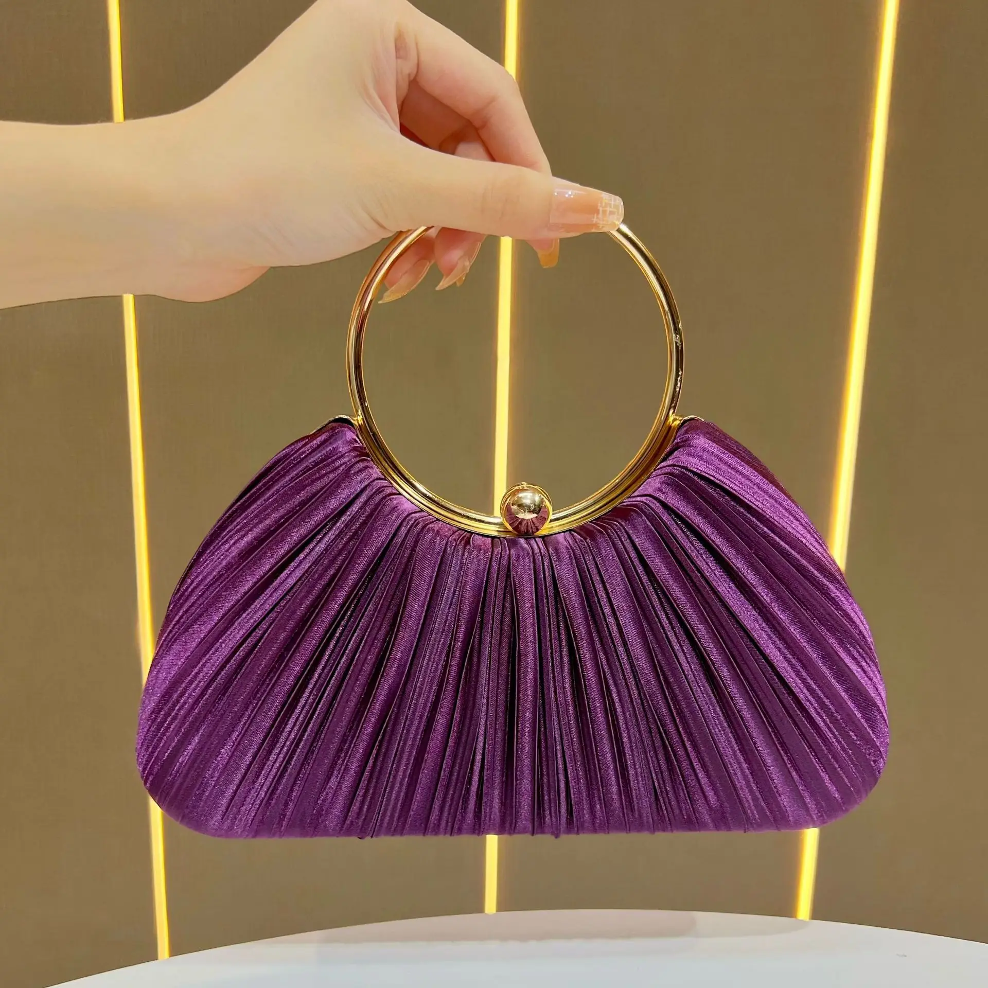 Pink Pleated Evening Handbag with Gold Ring