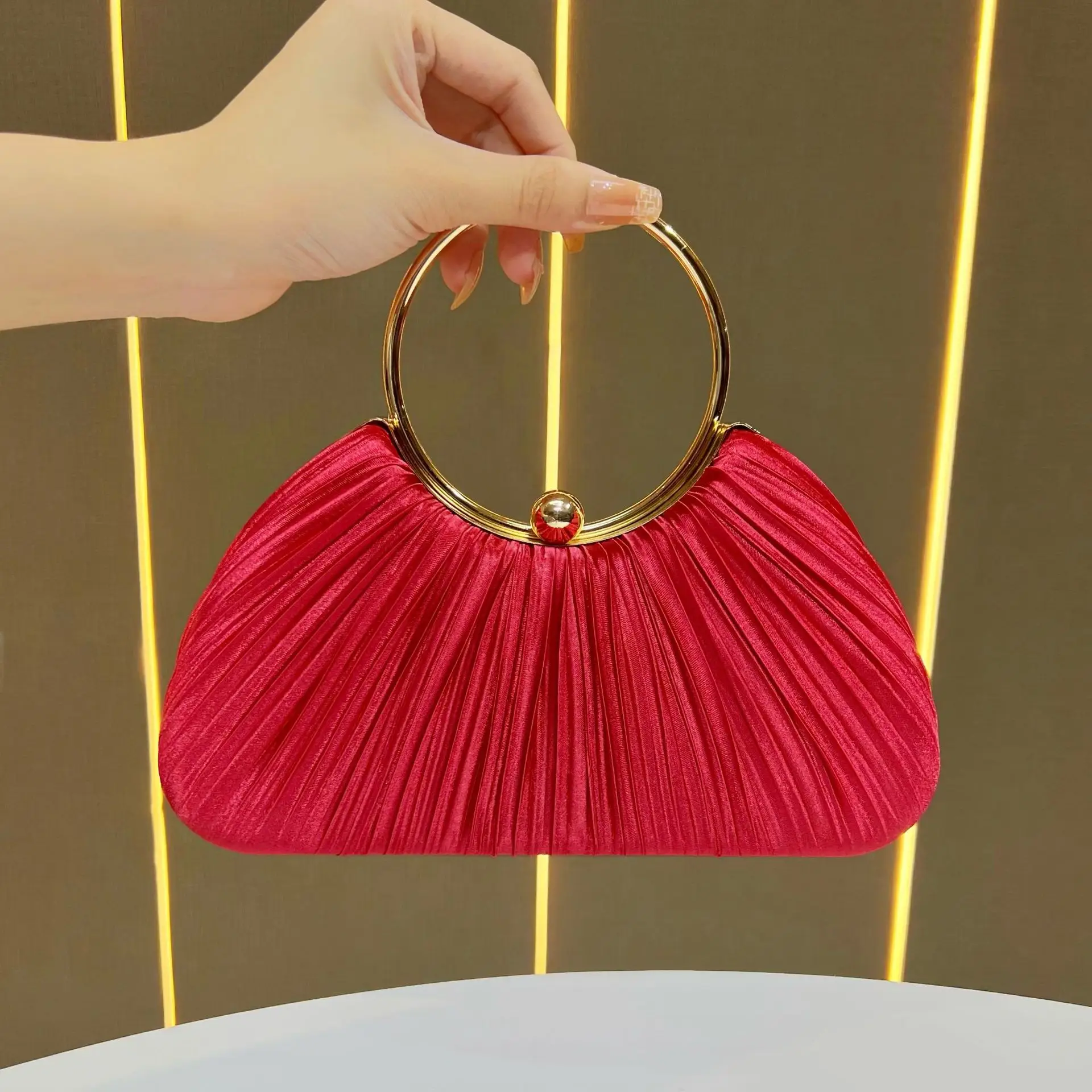 Pink Pleated Evening Handbag with Gold Ring