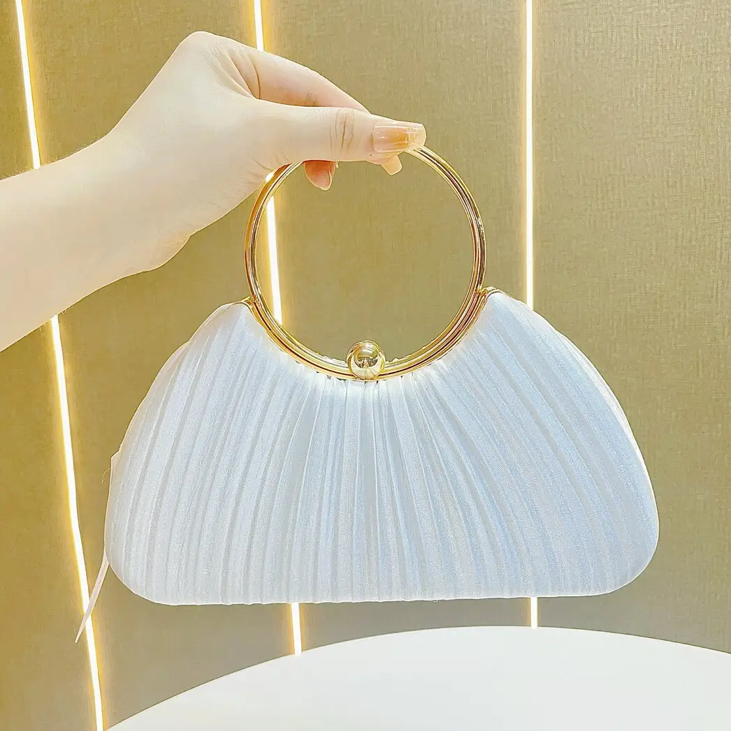 Pink Pleated Evening Handbag with Gold Ring
