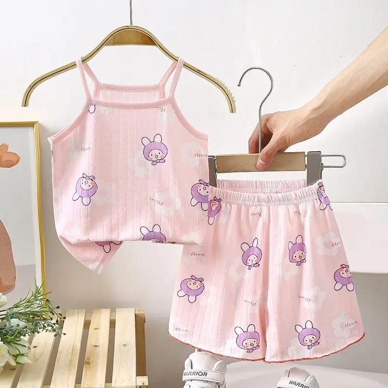 Children's Cotton Sling suit Summer Thin Girls' Pajamas Cartoon Sleeveless Cute Middle and Large Children's Girls' Air-conditioning Clothes
