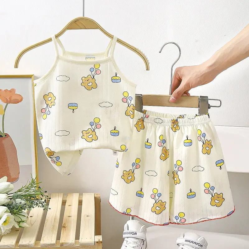 Children's Cotton Sling suit Summer Thin Girls' Pajamas Cartoon Sleeveless Cute Middle and Large Children's Girls' Air-conditioning Clothes