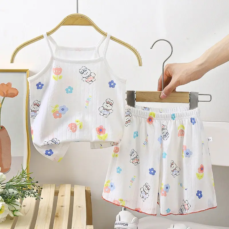 Children's Cotton Sling suit Summer Thin Girls' Pajamas Cartoon Sleeveless Cute Middle and Large Children's Girls' Air-conditioning Clothes