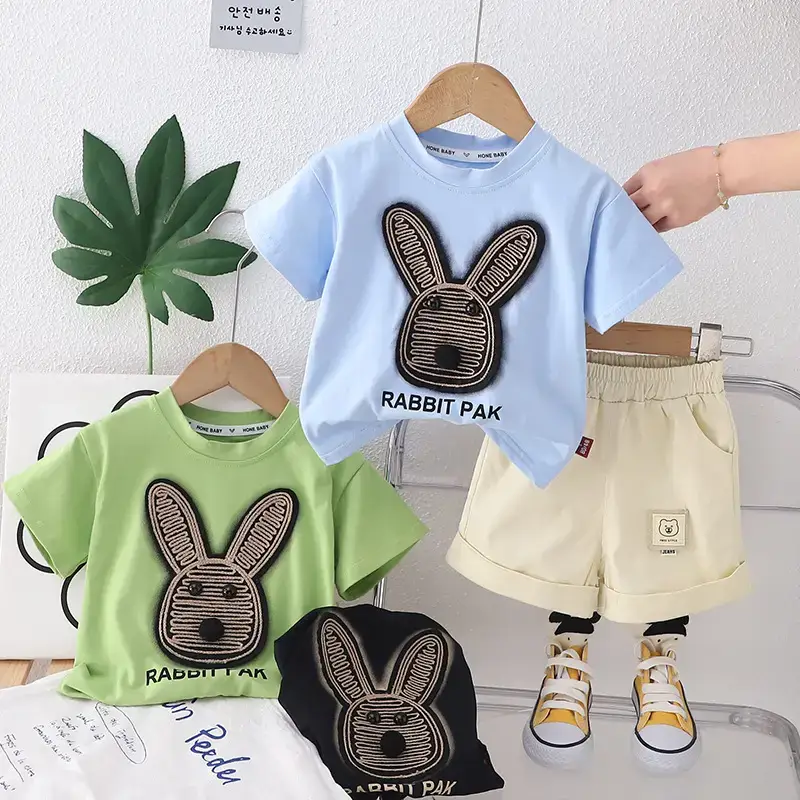 Baby Rabbit Print Short Sleeve T-Shirt & Shorts Set Light Blue 2024 - Image 4