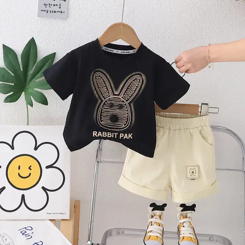 Baby Rabbit Print Short Sleeve T-Shirt & Shorts Set Light Blue 2024 - Image 2